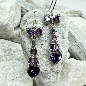Silver Tone Purple Crystal Bow & Heart Dangle Earrings Iridescent Drop 1.5”
